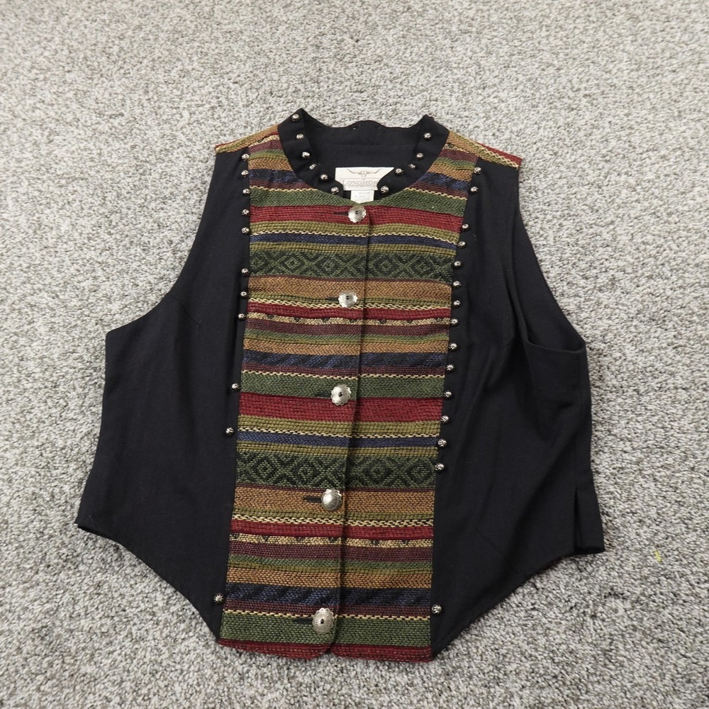 VTG Longhorn Western Vest‎ Womens M Black Serape Tapestry Concho Rodeo Niver USA